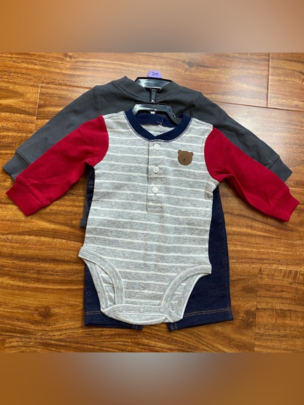 NWT New Carter's Gray Navy Baby Bear 2 Long Sleeve Onesie Pant Set Size 3M